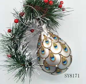 Factory Direct Hand Geschilderd Kerstboom Opknoping Glazen Bal 8Cm Zilveren Pauw Patroon Druppels Dubbele Tip