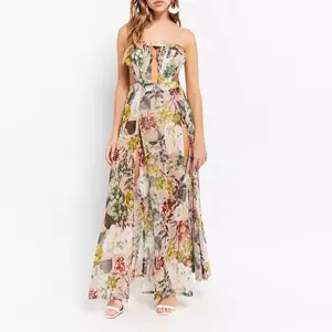 New Design Women Prom Dress Summer Printing Sheer Floral Maxi Prom Dress