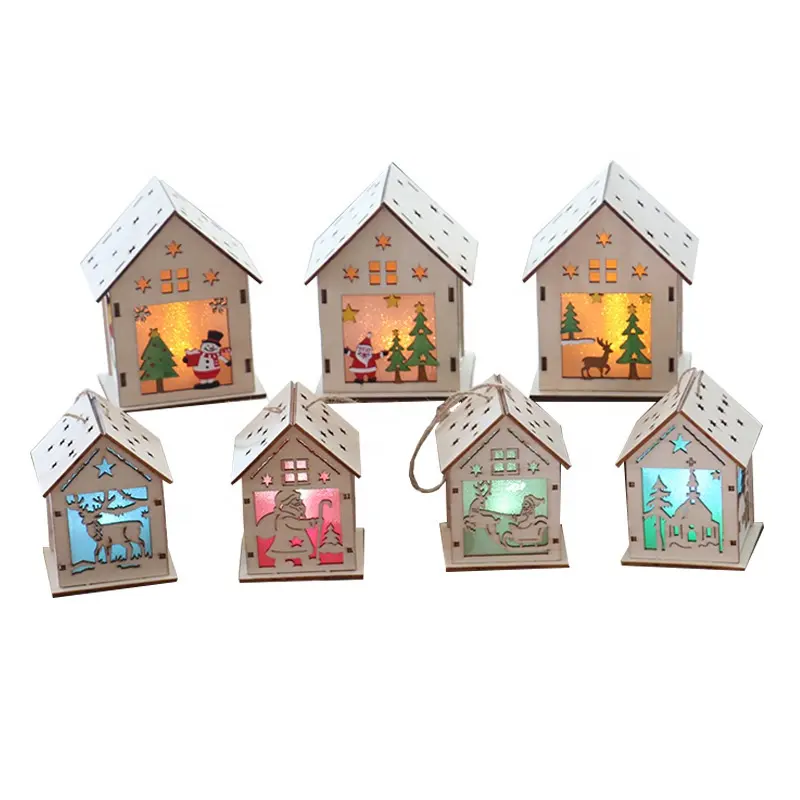 L size Christmas DIY decoration accessories LED Christmas wooden house for Christmas tree