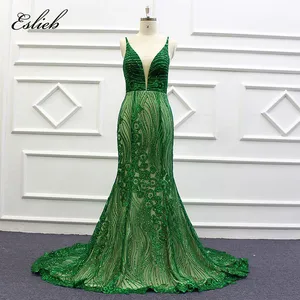 Elegant deep V neck evening dress glitter lace nude skirt sexy back evening gown strap backless mermaid special occasion dress