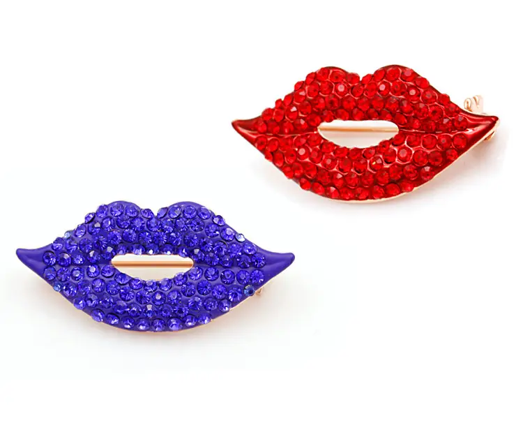 女性または女の子のための高品質の赤青クリスタルラインストーン舗装唇リップスティックブローチピン