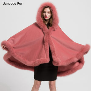 Chales de piel auténtica con capucha desmontable, abrigo de invierno para mujer, capas de piel, Ponchos con cuello de piel de zorro genuino - Product Image 5