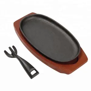 Vegetable oil Cast Iron Sizzler Hot Serving Dish Pan With Wooden Stand