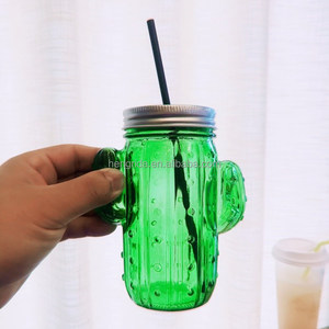 Fermeture à glissière en verre en forme <span class=keywords><strong>de</strong></span> <span class=keywords><strong>Cactus</strong></span>, avec couvercles métalliques et pailles en plastique, pot <span class=keywords><strong>de</strong></span> maçon avec couvercle <span class=keywords><strong>de</strong></span> couleur argent, 15 oz, livraison gratuite - Product Image 3