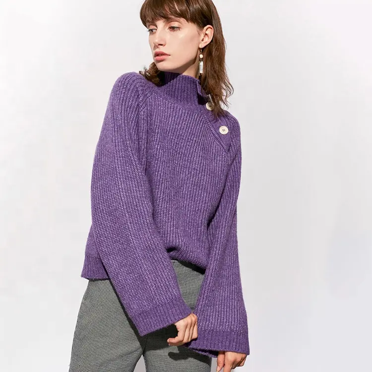 OEM Custom Crew Neck Knitted Plus Size Purple Wool Sweaters Women