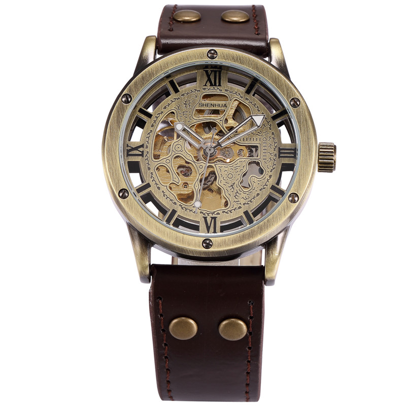 Механические Мужские часы-скелетоны SHENHUA 9397 с автоматическим бронзовым ремешком, аналоговые Мужские наручные часы в стиле стимпанк и ретро с кожаным ремешком, мужские часы
