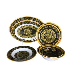 Golden brown oval placa de plástico melamina tigela redonda e placa redonda de jantar conjunto
