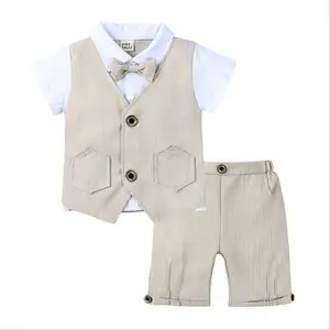Летние хлопковые комплекты одежды для маленьких мальчиков деловой праздничный костюм для маленьких мальчиков на день рождения Топ джентльмена + шорты комплекты детской одежды