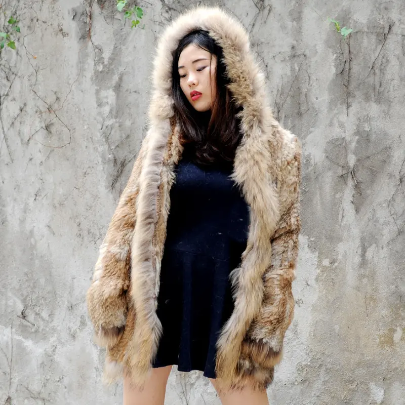CX-G-A-148B Women Fashion Winter Knitted Hooded Natural Rabbit Fur Coat