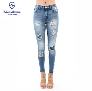 Calça jeans de cintura alta rasgada com patches estampados, calça boho skinny