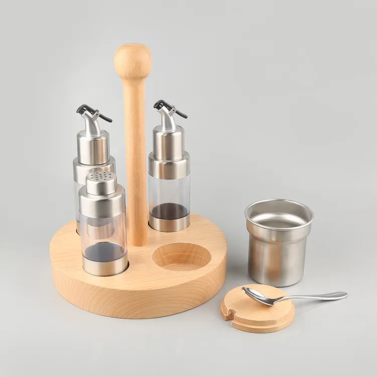 Nordic style stainless steel condiment spice set oil and vinegar dispenser set with bamboo base