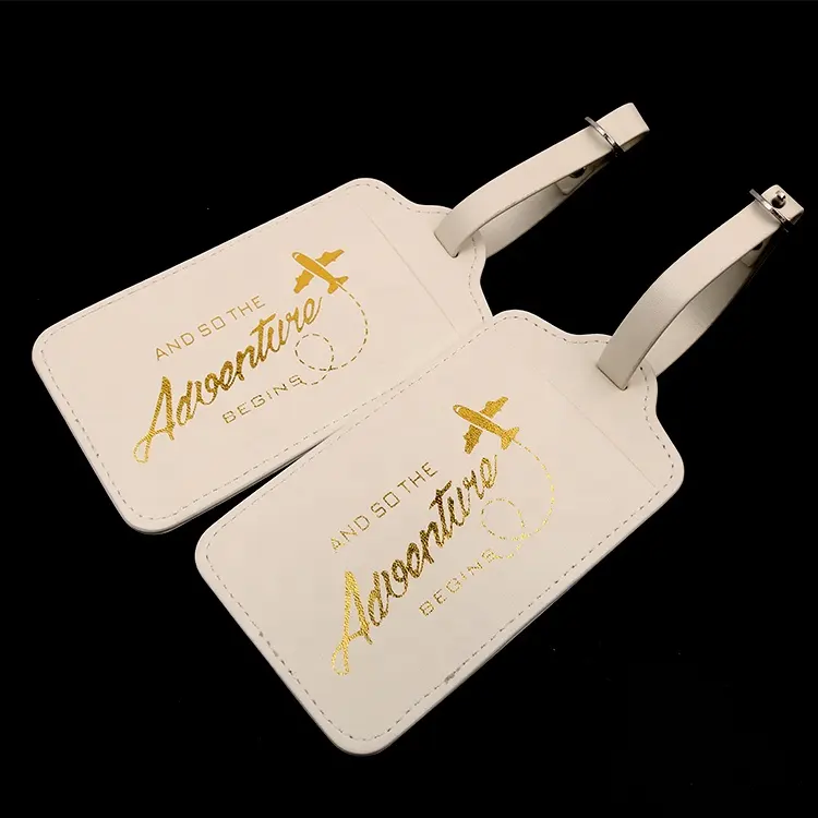 New Design Customized Commonly Shaped Luxury Golden Foil Printing Airline Brand Logo PU Leather Luggage Tags for Gifts