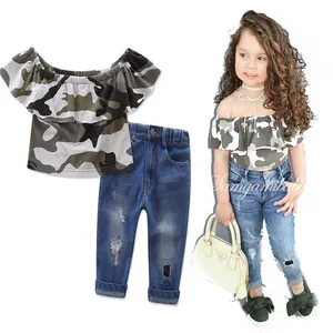 WHS23 2019 Del Bambino di modo della ragazza vestiti della ragazza set 2 pezzi suit set di cotone di estate della ragazza di stile del Camuffamento camicie/ camicetta + dei jeans