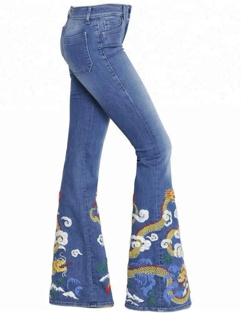 Royal wolf denim jeans manufacturer mid blue dragon embroidery at hem ladies embroidered flare denim jeans