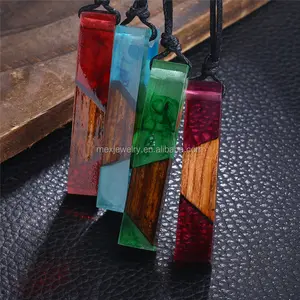Wood and Resin Pendant Necklace Handmade Blue Red Green Rectangle Necklaces for Chrimas gift