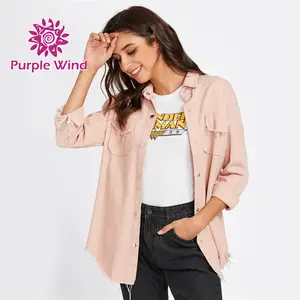 Jaket Katun Reguler Wanita, Kemeja Denim Noda Celana Panjang Katun Pink untuk Wanita