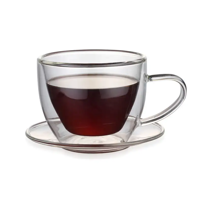 Ensemble de tasses et soucoupes à café, en verre, à double paroi, de 150ml/250ml, 2 pièces