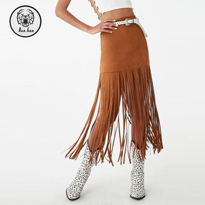 Ultima Moda Stile Casual <span class=keywords><strong>Gonna</strong></span> a Tubino Midi con Vita Impero in Finta Pelle Scamosciata con <span class=keywords><strong>Frange</strong></span> - Product Image 3