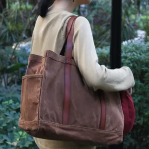 Sac fourre-tout en <span class=keywords><strong>toile</strong></span> cirée marron robuste pour femme avec garniture en cuir Sacs à provisions élégants - Product Image 3
