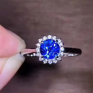 SGARIT Online Shopping 18K Gold Round Cut South Africa Real Diamond Sri Lanka 0.8Ct Natural Blue Sapphire Ring For Women