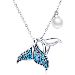 SCN309 Real 925 plata esterlina de lágrimas y concha perla collares colgante de cola de pescado para las mujeres oceanJewelry