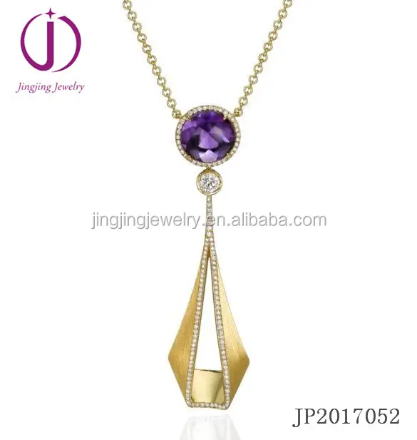 Wholesale online store shop S925 solid silver jewellery 18K yellow gold polished jewelry Amethyst purple stone pendants necklace