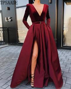2025 <strong>Wine</strong> <strong>Red</strong> Velvet Fabric Long Sleeve V Neck Split Front Women <strong>Prom</strong> <strong>Dress</strong> YF053 - Product Image 2