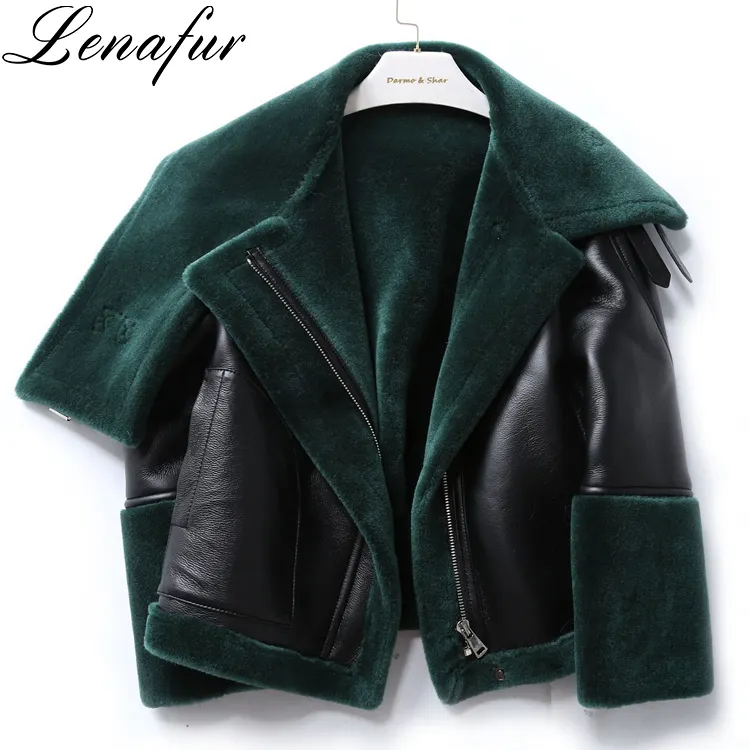 Young Girl Fashion Hot Short Green Black Lamb Fur Leather Shearling Bomber Jacket Coat