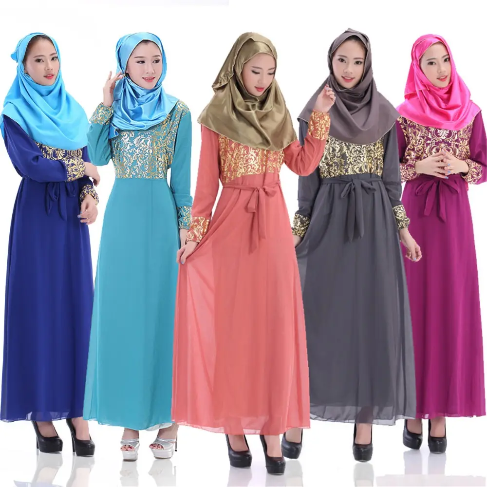 2015 mais recente Moda Manga Comprida Chiffon Muçulmano Abaya Vestido