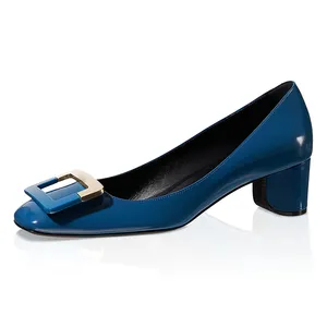 Fashion new design luxury wholesale customized logo patent Leather chunky mid heels women dress shoes