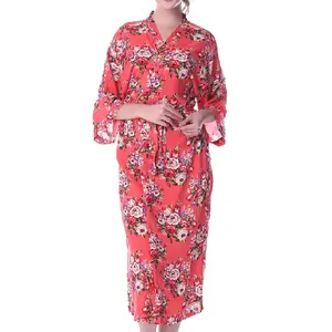 Kimono Motif Bunga Katun untuk Wanita, Jubah Piyama untuk Pengantin dan Pengiring Pengantin Gaya Panjang