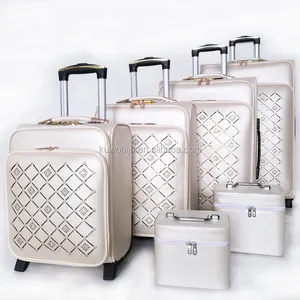 Blanc brillant couleur diamant cosmétique 2 roues en cuir pu ensemble de valise spinner ensemble de bagages à roulettes 6 pièces