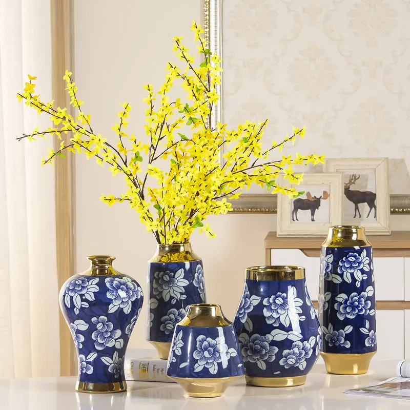 Chinese modern style blue white and gold design ceramic porcelain flower vase for outdoor and indoor decor