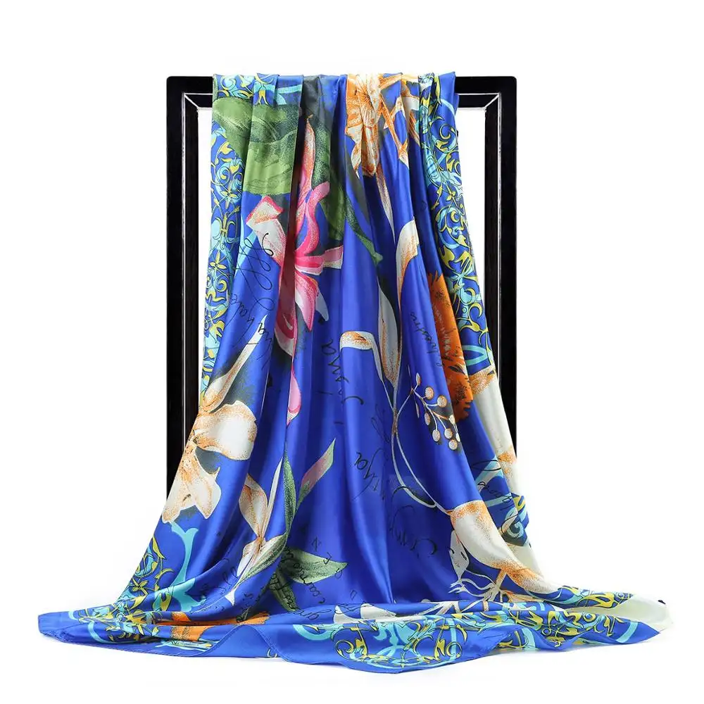 Fashion Scarves For Women Silk Scarf Female Print Square Scarfs For Ladies Luxury Bandana Satin Hijab Shawl Wraps Girl 90cm*90cm