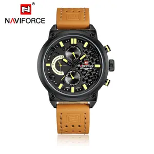 NAVIFORCE Jam Tangan Kuarsa Pria, Arloji Olahraga Anti Air 24 Jam Kulit 9068 L