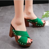 Sandálias com rebite cruzado, sapatos plataforma de salto grosso para mulheres, sandálias de salto alto, verão up-0109C