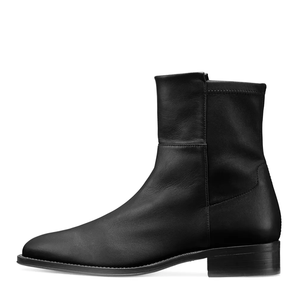 Botas de couro femininas, botas curtas de couro preto e redonda, com bico do pé, bloco, azul escuro, camurça plana, casual