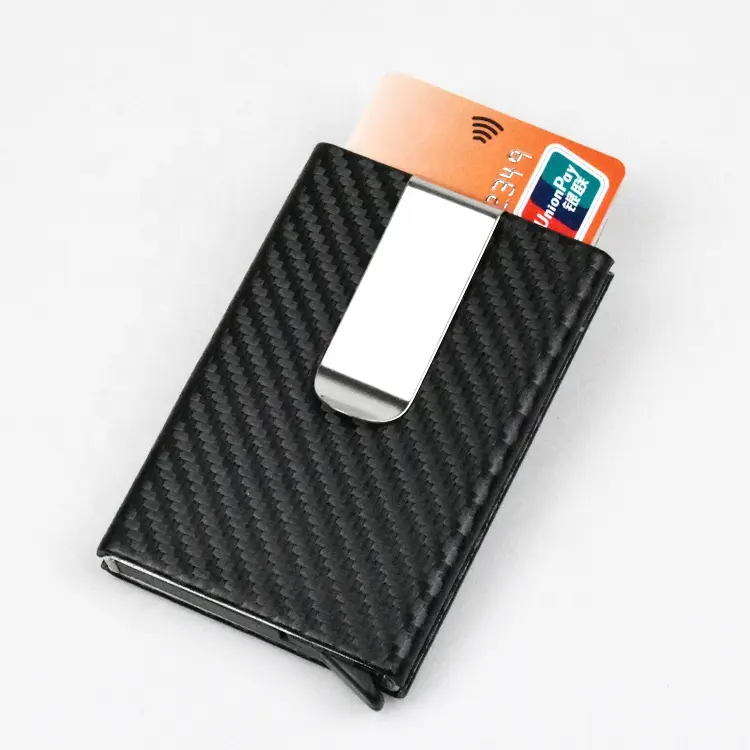 סיטונאי מותאם אישית גברים 2020 מינימליסטי Slim אלומיניום ארנקי RFID חסימת פחמן סיבי עור כרטיס אשראי מחזיק עם כסף קליפ