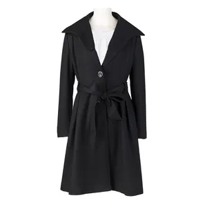 winter ladies black thicken wool blend long coat lapel collar with lining