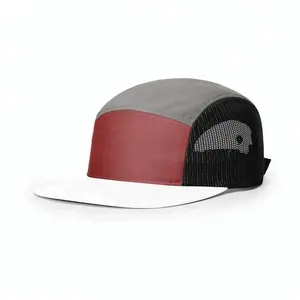Toptan özel tasarım kendi Logo yüksek kaliteli boş 5 Panel düz ağız örgü Snapback kamp şapkası koşu şapkası