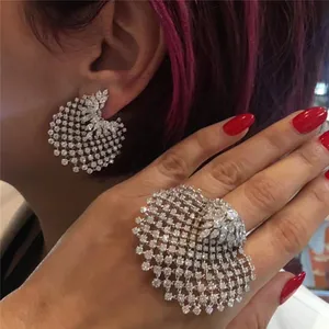 Kaimei 2018 new best sellers luxury elegant exaggerated big wedding full diamond silver ear ring earrings jewelry set