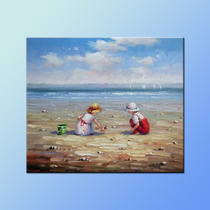 Peinture à <span class=keywords><strong>l</strong></span>'huile d'un petit garçon ou une petite fille, jouer sur la plage sous le ciel bleu, pour enfants, peinture à <span class=keywords><strong>l</strong></span>'huile - Product Image 2