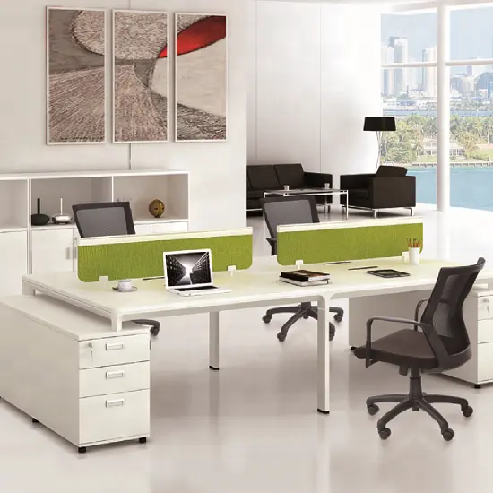 オフィスベンチ作業家具白い作業デスク4人掛けモダンワークステーションテーブルセット