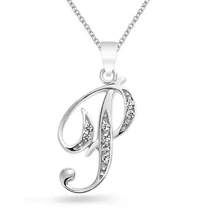 925 Sterling Silver CZ Cursive Initial Letter P Alphabet Necklace