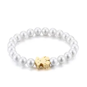 Fashion Gold Bear Charm Bracelet Jewellery Personalised Elastic Freshwater Pearl Bracelet