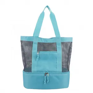 Custom Turquoise Zipper Top Mesh Beach Picnic Tote Insulated Cooler Bag For Beverages