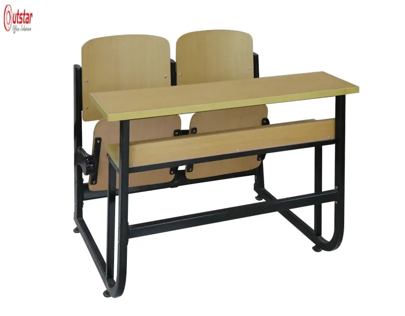 金属製のフレームと木製のダブルスクールデスクと椅子、ベンチ付きのバックスチューデントテーブル