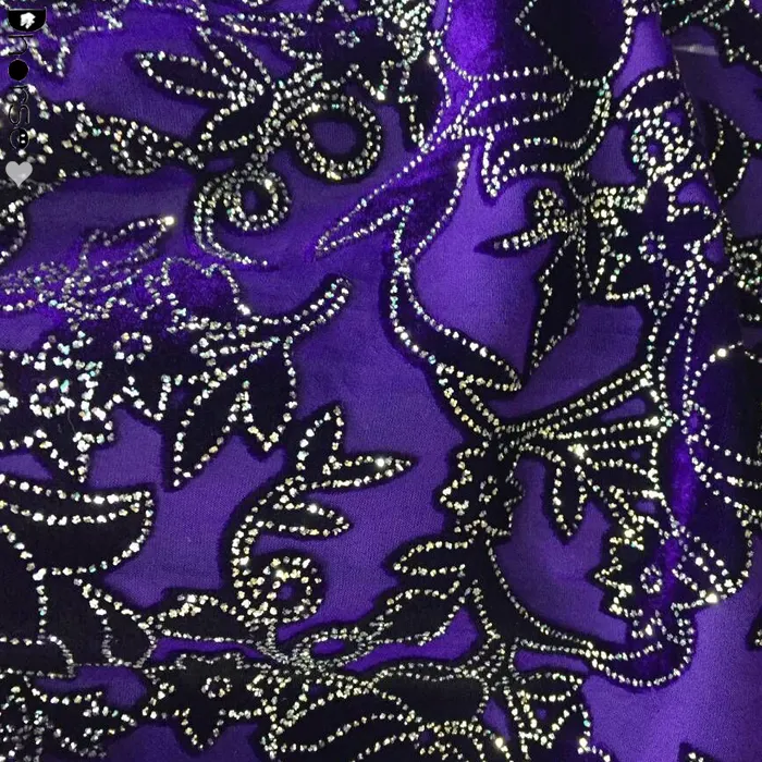 Hot sell elegant floral african purple silk velvet glitter lace fabric for making dress