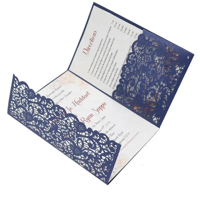 navy blue wedding card invitation with pocket envelopes lace card wedding laser cut trifold card invitation wedding