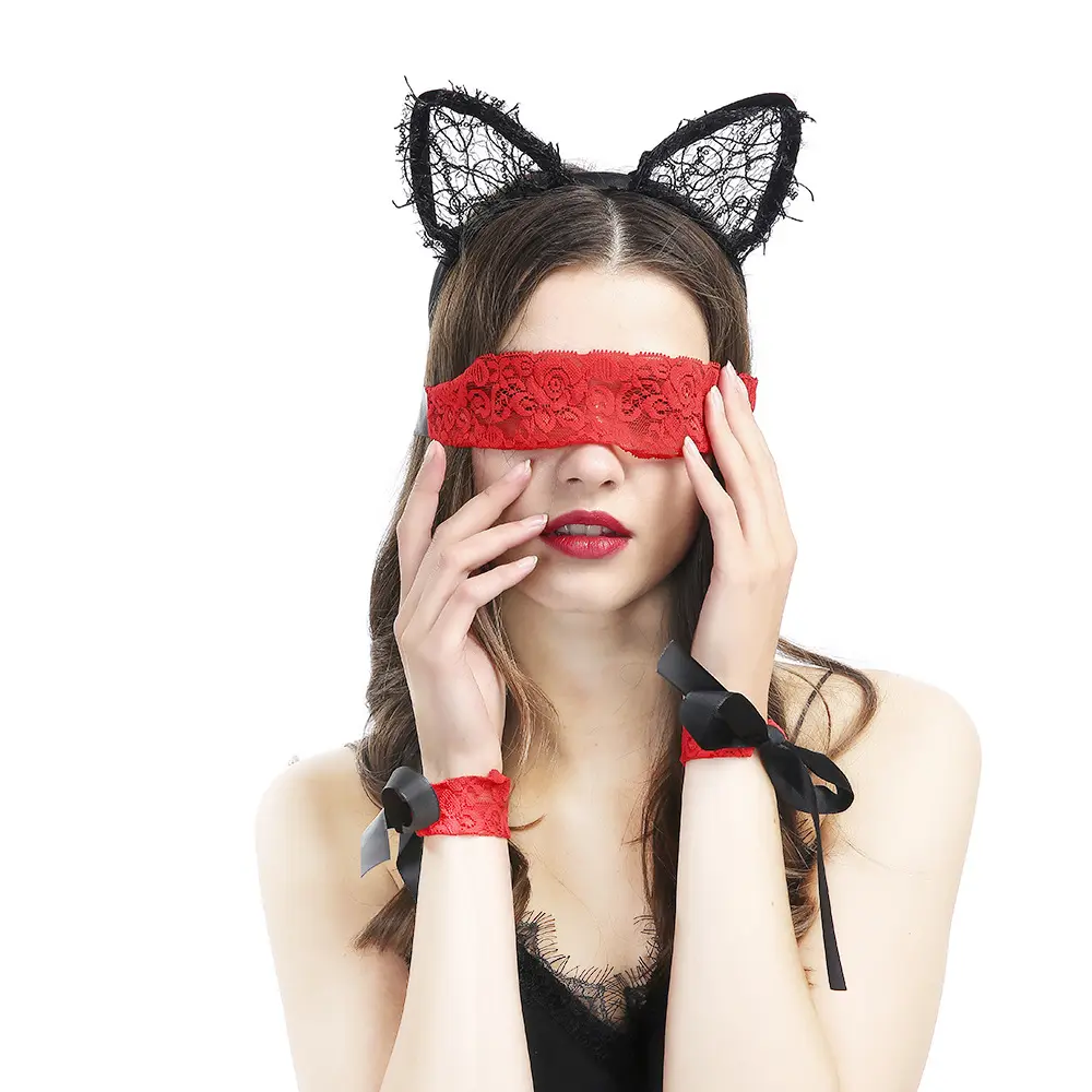 Fetisch Kleidung für Frauen Sex spiel Red Bondage Mask Hood Handschellen Fetisch Produkt Sexy Frauen